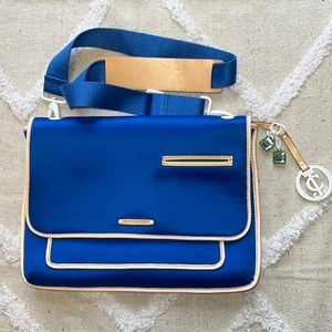 NWOT Juicy Couture Neoprene Blue Laptop Messenger Bag with Tan Leather Accent